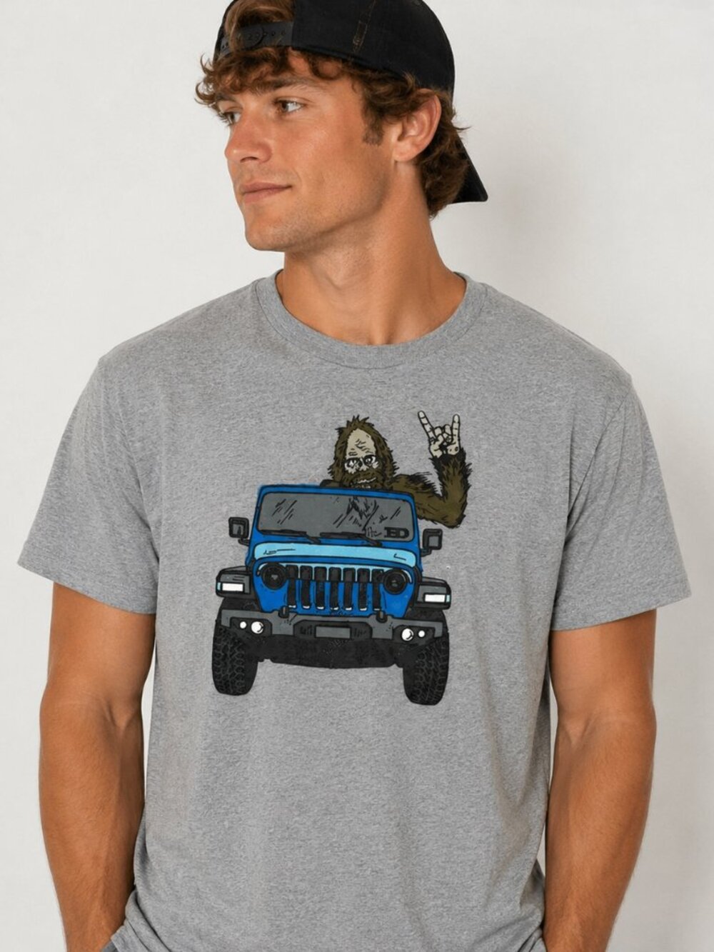 Big Foot & Jeep Funny Graphics Gray Men's T-Shirt Size Large Hammer Down Brand